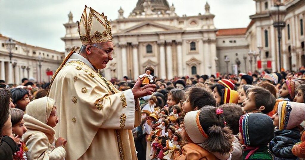 Bambinelli blogosławione przez antypapieża Leona XIV na Placu św. Piotra w 2025 roku