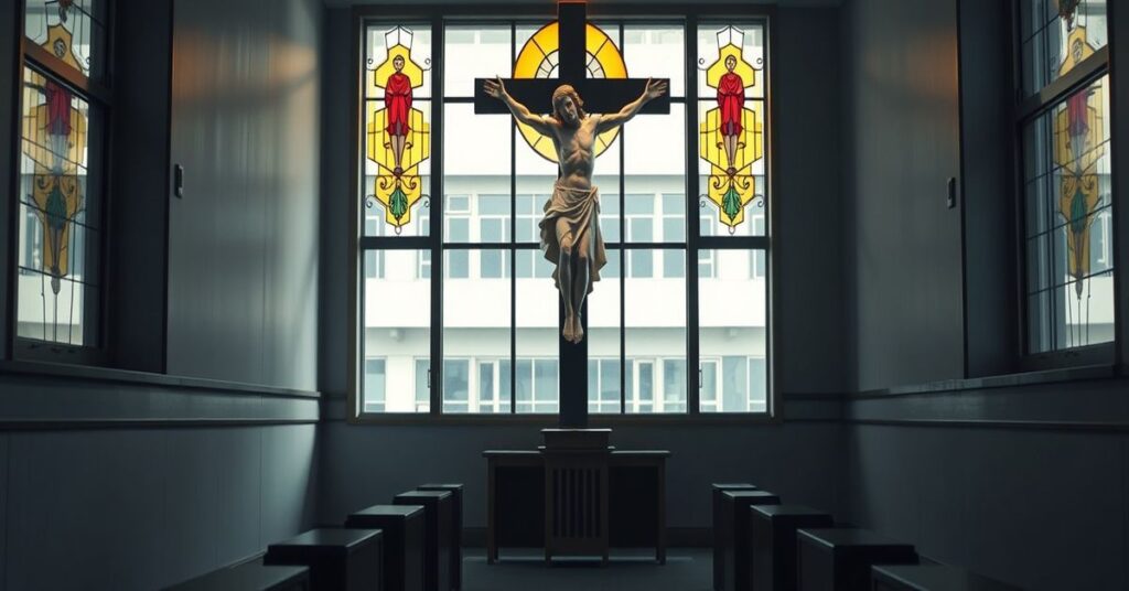 Ciemna kaplica w szpitalu katolickim z pustym konfesjonałem i księžíem w kasule modlącego się przed krzyżem.