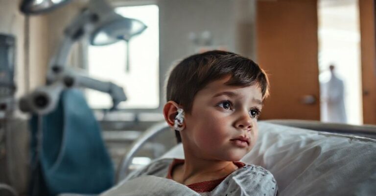 Chory chłopiec w szpitalu Bambino Gesù po operacji z implantem ślimakowym, bez obecności duchowej opieki.