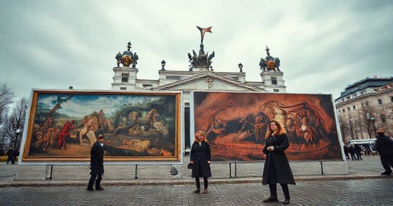 Smutny widok przed Łazienkami Królewskimi z wystawą „Polskie Legendy” Józefa Wilkonia organizowaną przez Bank Pekao S.A.