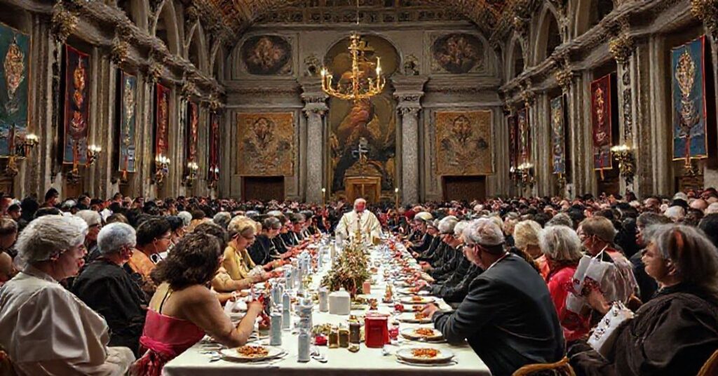 Aula Pawła VI w Watykanie. Bankiet z transwestytami w 2025 roku z udziałem fałszywego papieża Leona XIV i kardynała Konrada Krajewskiego.