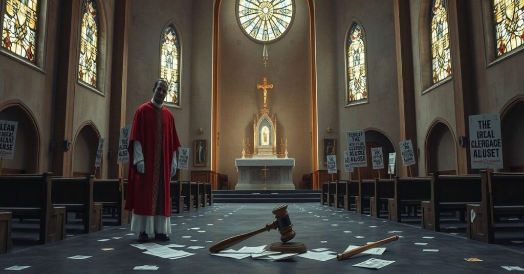 Zdjęcie przedstawiającego opuszczoną katedrę w El Paso z symbolami bankructwa i skandali pedofilskich w Kościele posoborowym.