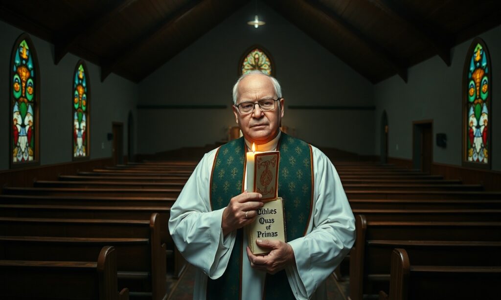 Pustynne wnętrze opuszczonego kościoła parafialnego w Minnesocie z tradycyjnym księdzem w szatach liturgicznych trzymającym brewiarz.