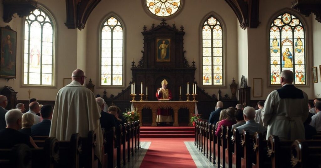 Wnętrze kościoła z tradycyjnym ołtarzem wysokim, ozdobionym świecami i ikonami religijnymi. Arcybiskup Bernard Hebda stoi przy ambonie, wygłaszając przemówienie do rzadkiej kongregacji. Atmosphera jest smutna, odzwierciedlająca 'ciężkość' opisywana w artykule.