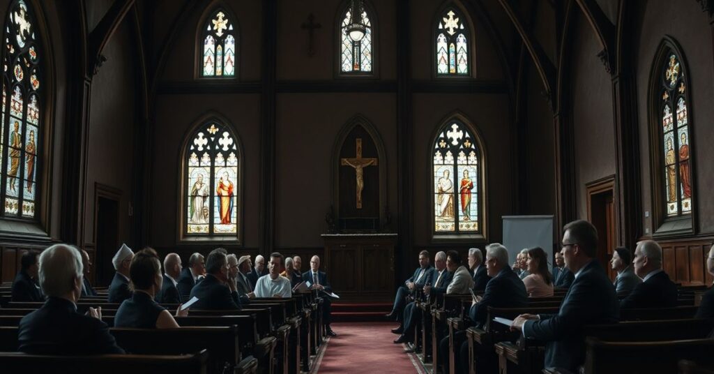 Wnętrze kościoła w Gnieźnie podczas secesyjnych warsztatów dla rzekomych biskupów i prezbiterów. Na pierwszy plan wysunięty jest kontrast pomiędzy sakralnym otoczeniem a świeckim charakterem wydarzenia.