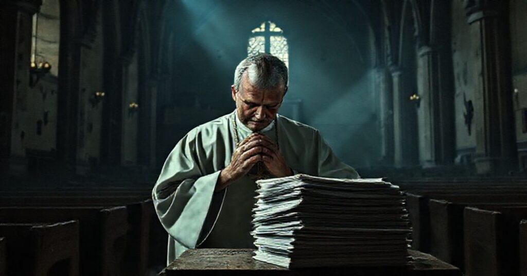Zeskandalizowany ksiądz katolicki modli się nad dokumentami finansowymi w kościele, symbolizując bankructwo moralne państwa