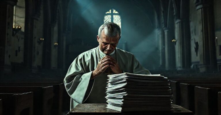 Zeskandalizowany ksiądz katolicki modli się nad dokumentami finansowymi w kościele, symbolizując bankructwo moralne państwa