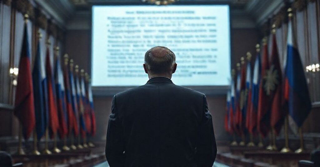 Scena przedstawiająca bankructwo moralne współczesnej dyplomacji z Dmitrijem Pieskowem na tle Kremlu i amerykańskim dokumentem strategii bezpieczeństwa