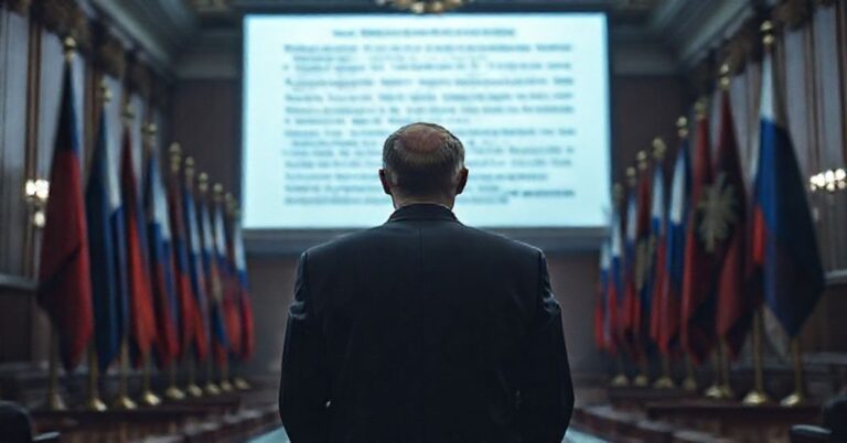 Scena przedstawiająca bankructwo moralne współczesnej dyplomacji z Dmitrijem Pieskowem na tle Kremlu i amerykańskim dokumentem strategii bezpieczeństwa