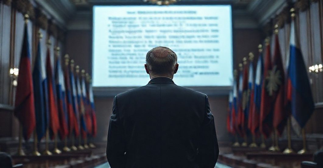 Scena przedstawiająca bankructwo moralne współczesnej dyplomacji z Dmitrijem Pieskowem na tle Kremlu i amerykańskim dokumentem strategii bezpieczeństwa