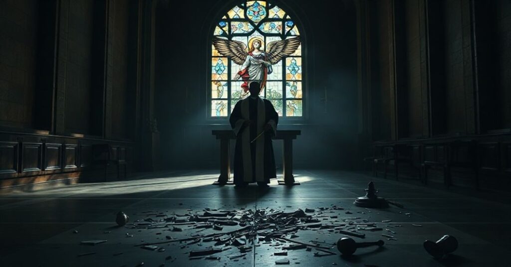 Mroczny wnętrze opuszczonego kościoła z rozpadającym się ołtarzem i rozbijanym witrażem św. Michała Archanioła
