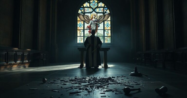 Mroczny wnętrze opuszczonego kościoła z rozpadającym się ołtarzem i rozbijanym witrażem św. Michała Archanioła