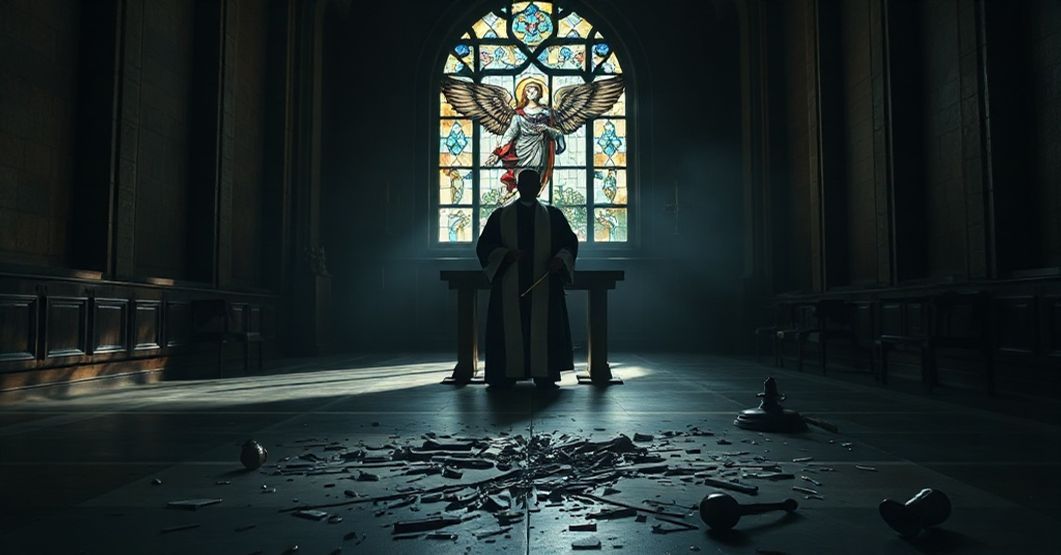 Mroczny wnętrze opuszczonego kościoła z rozpadającym się ołtarzem i rozbijanym witrażem św. Michała Archanioła