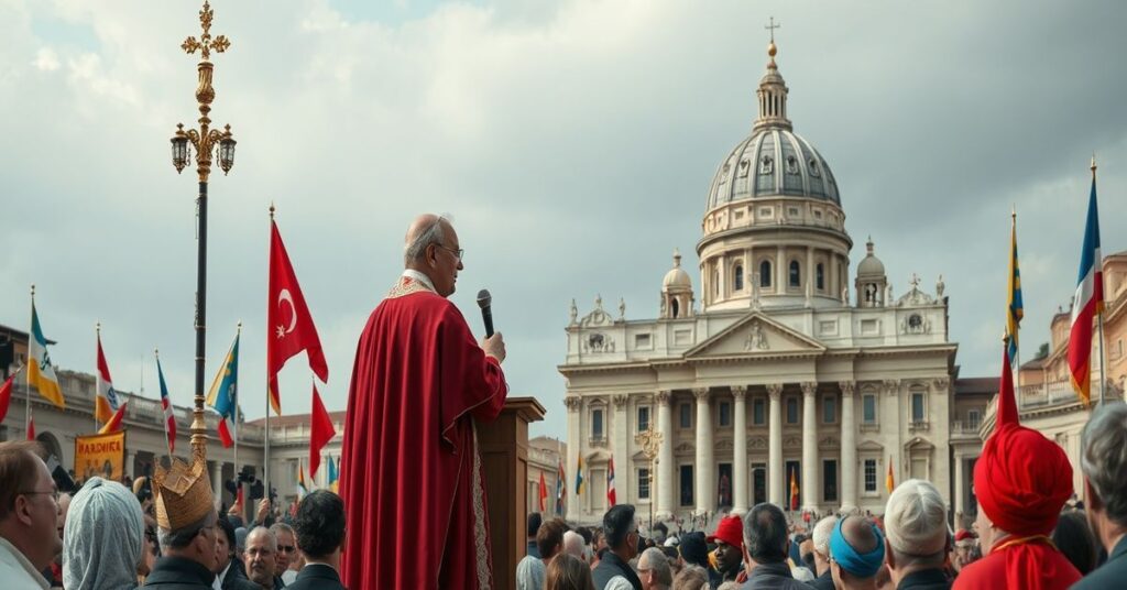 Tradycyjna scena katolicka przedstawiająca fałszywe wystąpienie Roberta Prevosta, zwanego 'Leonem XIV', podczas niedzielnego zebrania. Przywódca stoi na stopniach Bazylice św. Piotra, przemawiając do tłumu z poważnym, ale oszukańczym wyrazem twarzy. Akcentuje pacyfizm humanistyczny i laickie 'Dzień Kobiet'. W tle widoczne są symbole nowych heretyckich kościołów.