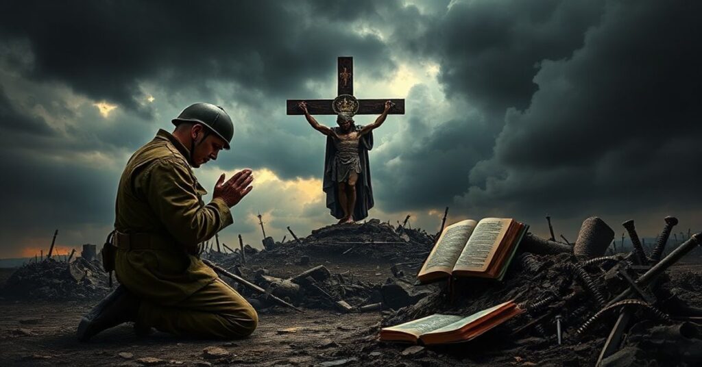 Katolicki żołnierz w tradycyjnym mundurze modli się przed krzyżem z emblematem Chrystusa Króla na polu bitwy, zgroza burzy na tle; symbolizuje teologiczny bankructwo nowoczesnych władz kościelnych