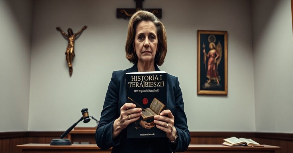 Sądowa sala z Barbarą Nowacką stojącą zaczepnie po wyroku sądowym. Trzyma podręcznik „Historia i Terańieszć” profesora Wojciecha Roszkowskiego. Na tle widnieje krzyż i Biblia na biurku sędziego.