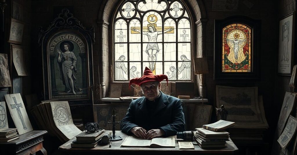 Pracownia artystyczna Barbary Ziembickiej z melancholijnymi postaciami i demonicznymi szkicami.