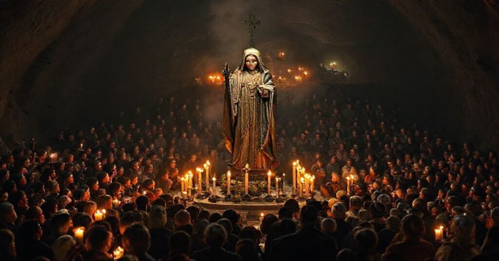 Zdjęcie przedstawiające tradycyjne katolickie uroczystości Barbórki na Karczówce w Kielcach pod przewodnictwem ks. Grzegorza Kurpa SAC z udziałem górników i pracowników.