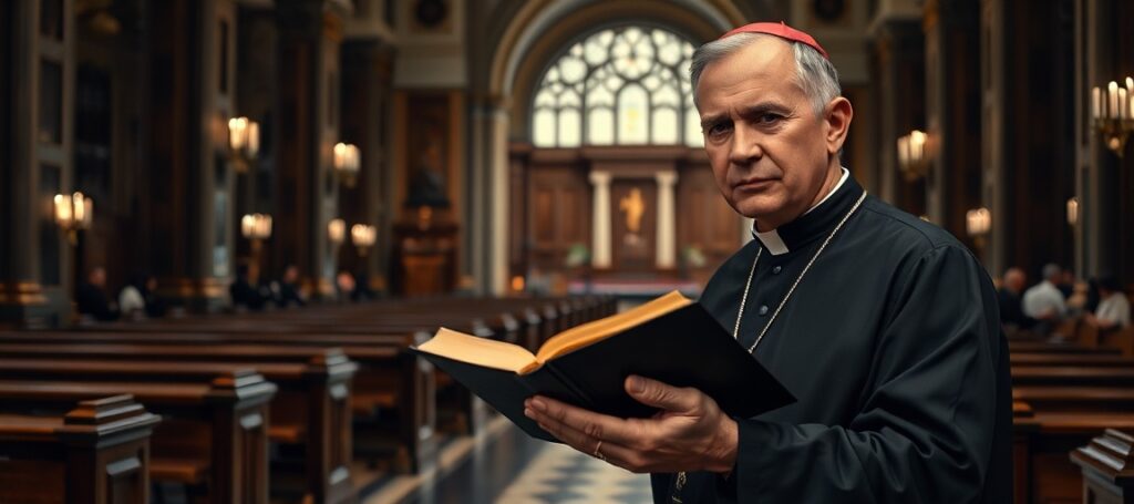 Biskup Robert Barron w katedrze rozmawia z krytykami ateistami na tle debaty o czytaniu Biblii w szkołach publicznych - zdjęcie realistyczne katolickiego krytyka nowoczesności