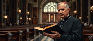 Biskup Robert Barron w katedrze rozmawia z krytykami ateistami na tle debaty o czytaniu Biblii w szkołach publicznych - zdjęcie realistyczne katolickiego krytyka nowoczesności