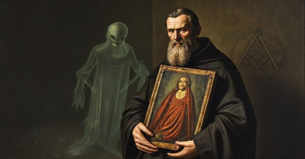 Bartolo Longo z demonicznym cieniem w tle, trzymający nieprawidłowo przedstawiony obraz Matki Bożej