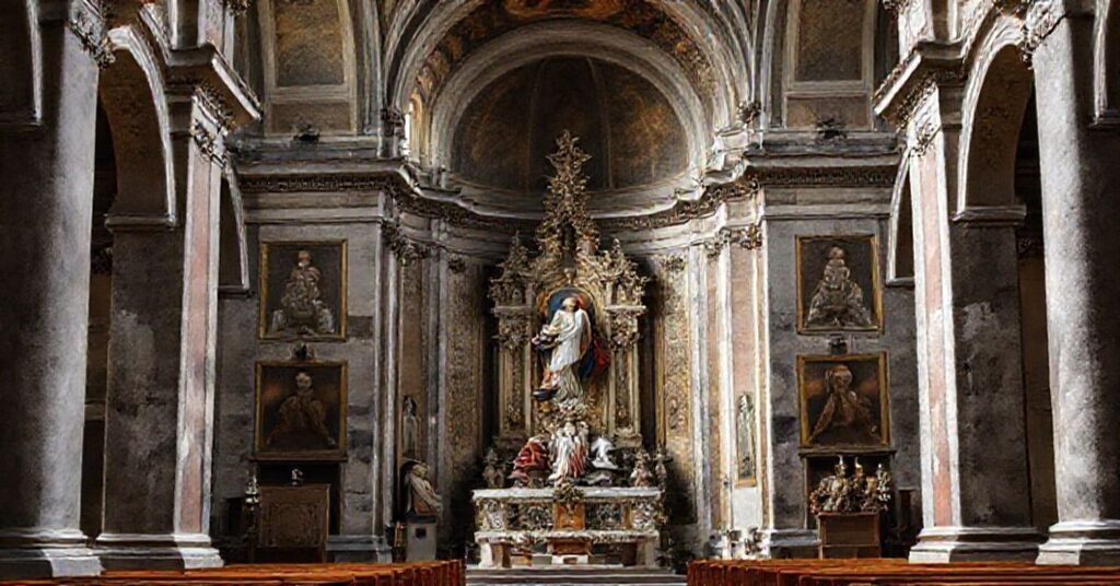 Bazylika Świętego Jana na Lateranie z kontrowersyjnym mozaikiem i barokowym ołtarzem - symbolizuje zdewastowanie Kościoła przez nowoczesne herezie.