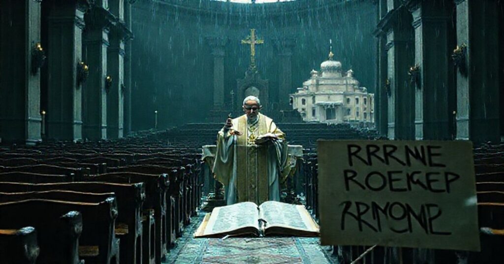 Pusty wnętrze bazyliki laterańskiej podczas fałszywej homilii "Leona XIV", ignorując ofiarę chrystuską i królestwo.