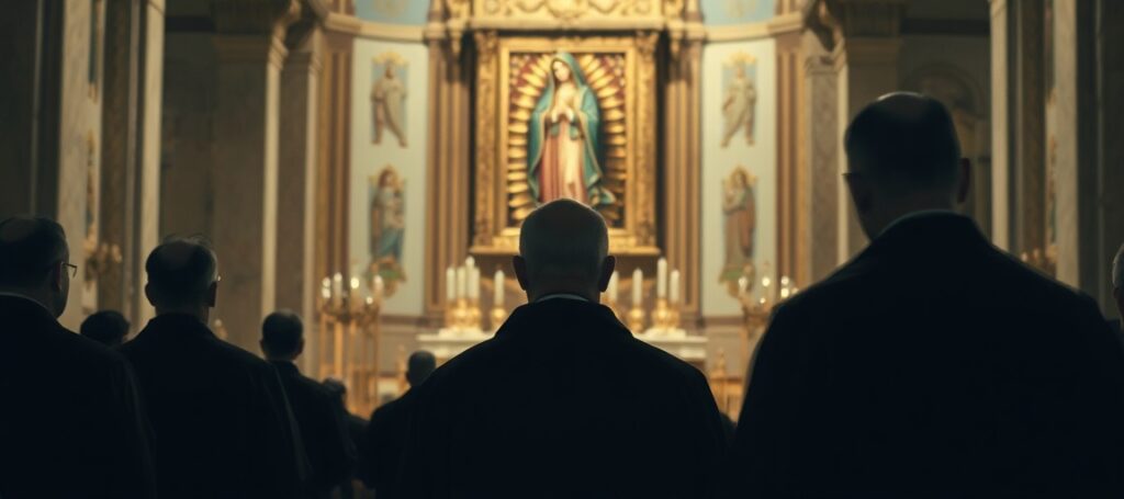 Wnętrze Bazylice Matki Bożej z Guadalupe z zaniepokojonymi kanonami modlącymi się na pierwszym planie i cienia kardynała w tle.