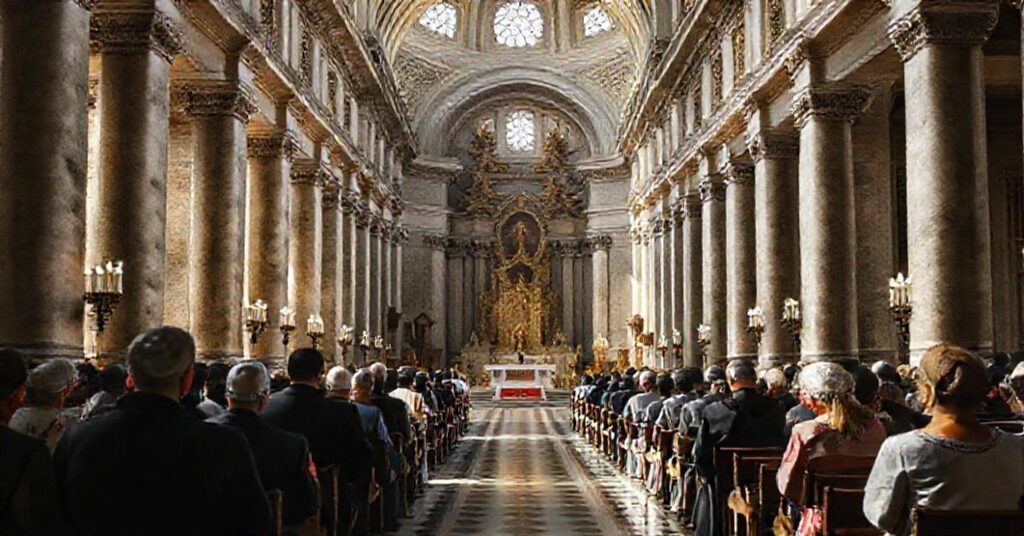 Wnętrze Bazyliki Laterańskiej w tradycyjnym katolickim stylu z modlącymi się wiernymi i subtelnymi elementami herezji.