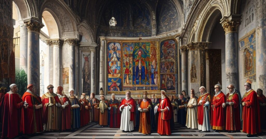 Wnętrze Bazyliki św. Pawła za Murami z blasfemiczną mozaiką przedstawiającą uzurpatora Leona XIV podczas ceremonii odsłonięcia.