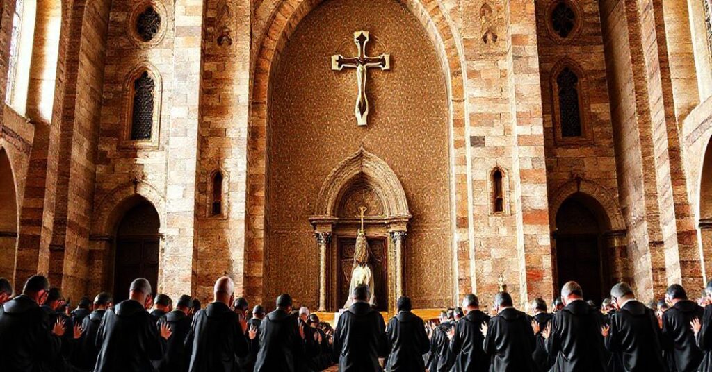 Tradcyjna ikonografia bazyliki św. Benedykta w Nursji, otoczona mniszami w habitach, modlącymi się przed sakralnym wnętrzem.