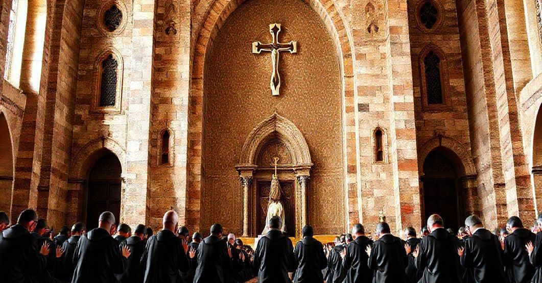 Tradcyjna ikonografia bazyliki św. Benedykta w Nursji, otoczona mniszami w habitach, modlącymi się przed sakralnym wnętrzem.