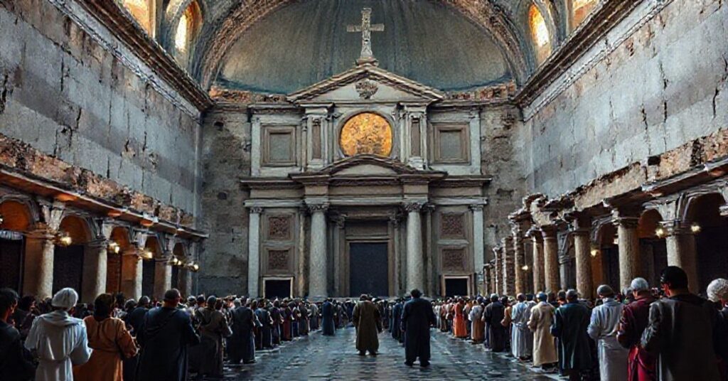 Bazylika św. Mikołaja w Więzieniu w Rzymie przedstawiona w tradycyjnym katolickim stylu z akcentem na kontrast między dawnymi pogańskimi świątyniami a chrześcijańskim kultem.