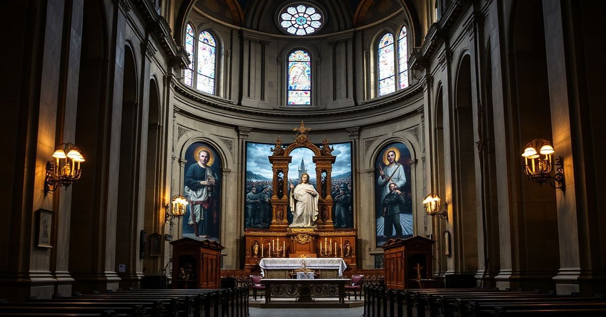 Wnętrze Bazylii św. Pawła za Murami z ołtarzem i wystawą fotograficzną 'Oczy wojny' w tle