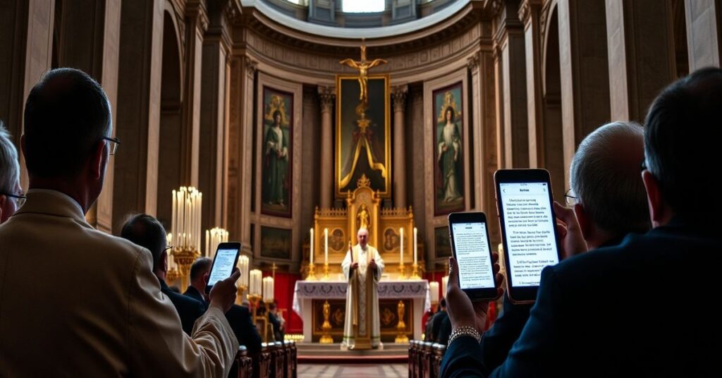 Solemne sceny podczas mszy w bazylice św. Piotra z tradycyjną łaciną i współczesnymi telefonami wyświetlającymi tłumaczenia sztucznej inteligencji.