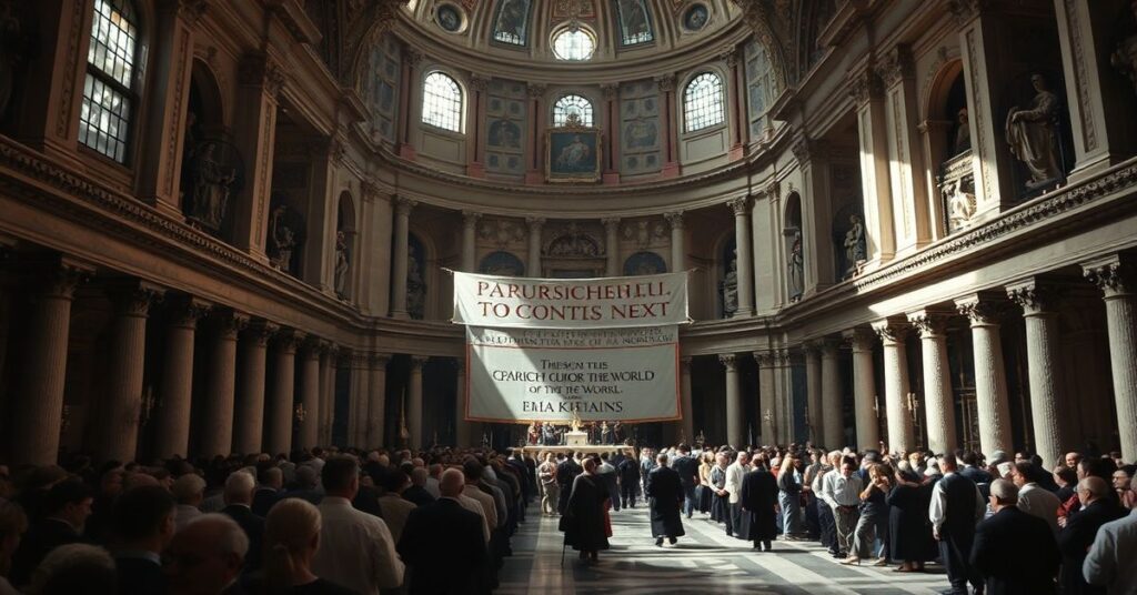 Scena w Bazylice św. Piotra w Rzymie przedstawiająca upadek tradycyjnych wartości katolickich pod wpływem modernizmu i ekumenizmu.