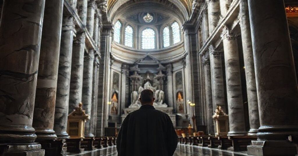 Solemny wnętrze Bazyliki św. Piotra w Rzymie z kapłanem w tradycyjnym habitatce modlącym się przed relikwiami Apostołów
