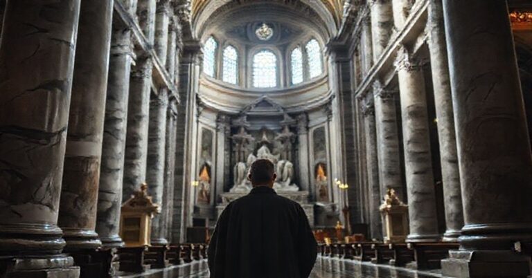 Solemny wnętrze Bazyliki św. Piotra w Rzymie z kapłanem w tradycyjnym habitatce modlącym się przed relikwiami Apostołów