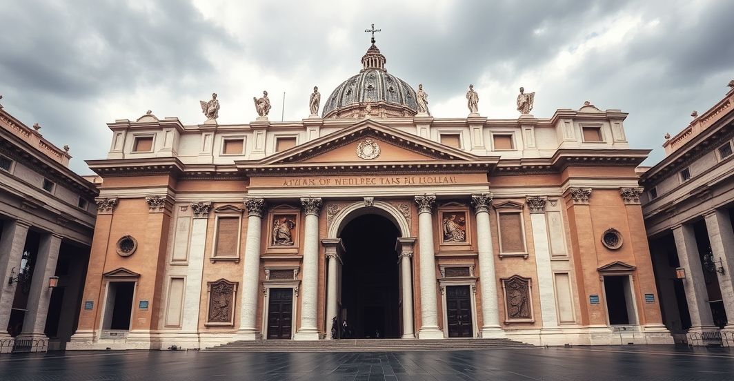 Scena poważnej, katolickiej wizji Bazyliki Św. Piotra Fotografia realistyczna Bazyliki św. Piotra z otwartymi drzwiami, ukazująca powagę i sacrum, idealna do katolickiego artykułu krytycznego