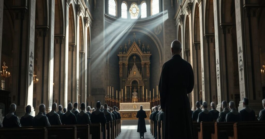 Bazylika Valle de los Caídos w Hiszpanii - mnisi benedyktyni modlący się przed ołtarzem podczas próby profanacji przez socjalistyczny rząd