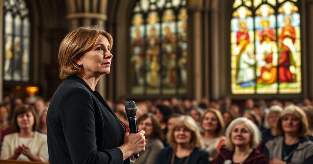 Martine Croxall z BBC w katedrze mówiąc do wiernych katolickich o prawdziwym znaczeniu kobiecości i macierzyństwa