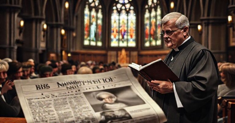 Tradycyjne wnętrze kościoła z wiernymi modlącymi się, na tle witraży przedstawiających sceny prawdy i sprawiedliwości. Na pierwszym planie artykuł prasowy o BBC i Donaldu Trumpie. Ksiądz w tradycyjnym sutannie trzyma encyklikę Quas Primas Piusa XI.