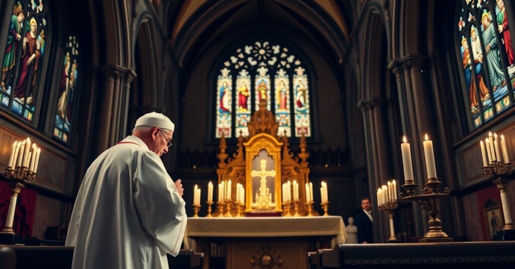 Arcybiskup Fulton J. Sheen w modlitwie przed wystawionym Najświętszym Sakramentem podczas beatyfikacji w tradycyjnym katolickim kościele