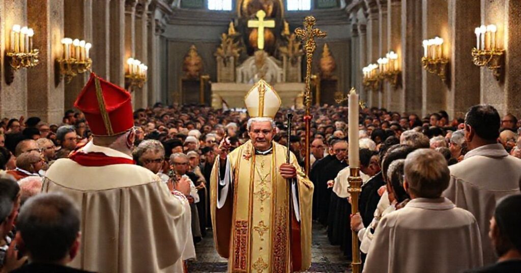 Uroczystość beatyfikacji "księcia" Carmine De Palmy w Archikatedrze św. Sabiny w Bari, z "kardynałem" Marcellem Semeraro przewodniczącym ceremonii.