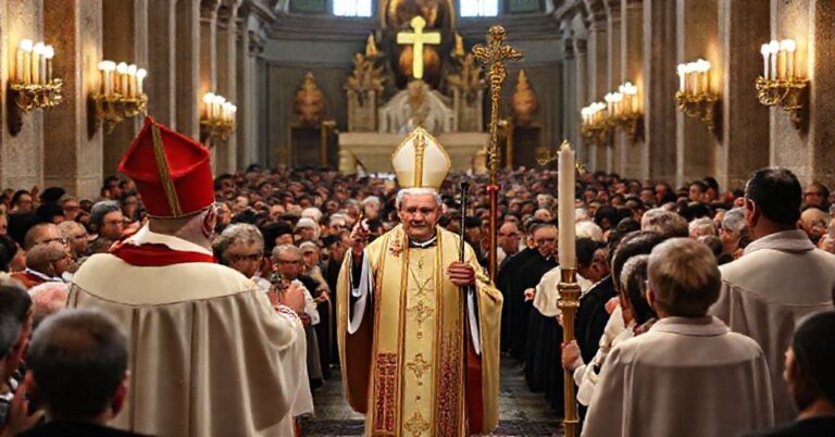 Uroczystość beatyfikacji "księcia" Carmine De Palmy w Archikatedrze św. Sabiny w Bari, z "kardynałem" Marcellem Semeraro przewodniczącym ceremonii.