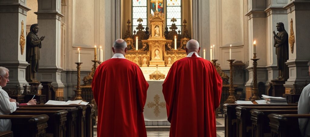 Obraz przedstawiający beatyfikację księdza Jana Bulę i Václava Drbolę przez kardynała Michaela Czerny w tradycyjnym kościele katolickim.