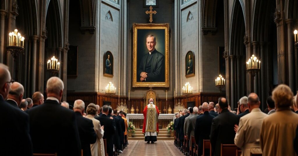 Wnętrze katedry w Monachium podczas mszy świętej z kardynałem Reinhardem Marxem w liturgicznym stroju i portretem księdza Alfreda Delpa