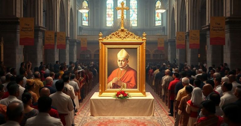 Scena beatyfikacji Elisvy Vakha'i w Kochi z udziałem Leona XIV i kardynała Sebastiana Francisa.