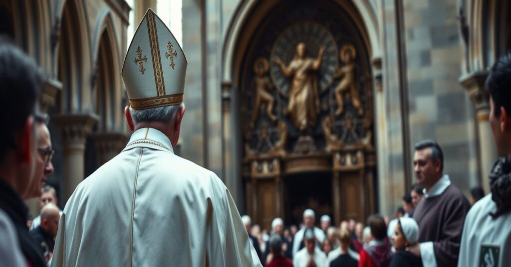 Kontrowersyjna beatyfikacja Fulton Sheena - tradycyjny biskup przed katedrą w otoczeniu wiernych