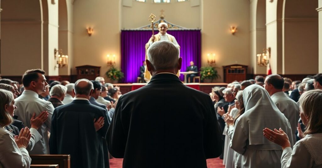 Obraz przedstawia kontrowersje wokół beatyfikacji Fultona Sheena w 2026 roku. Wnętrze kościoła z tradycyjnymi elementami katolickimi kontrastuje z modernistycznymi dodatkami.